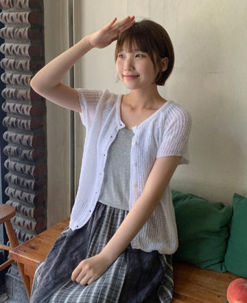 Hitu Summer Openwork Knit Short Sleeve Cardigan